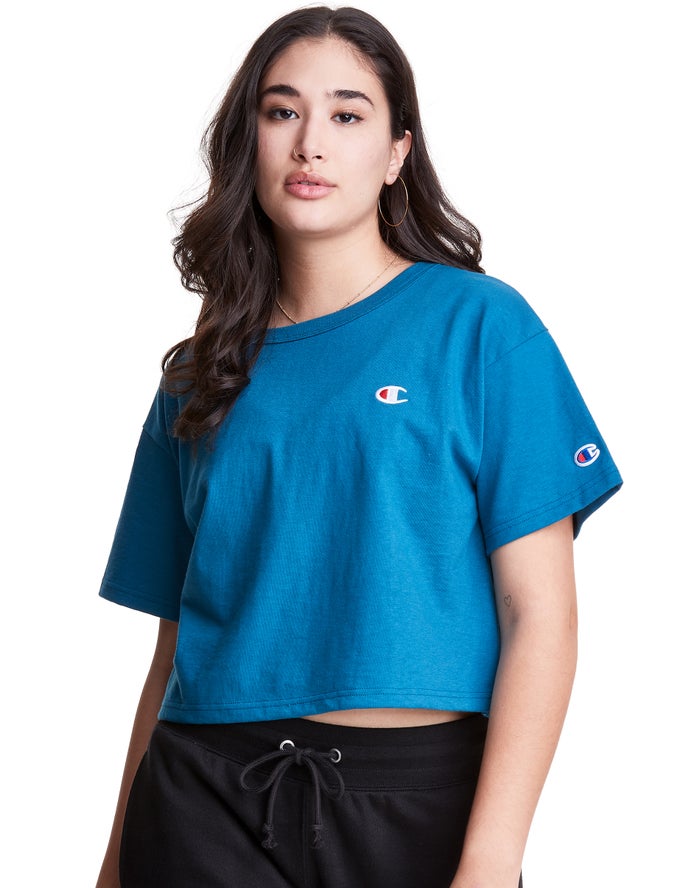 Champion Heritage Cropped C Logo Kadın Tişört Mavi ( RVCNJF713 )